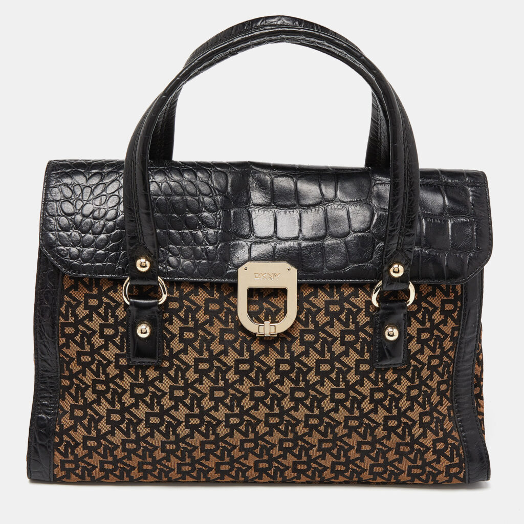 luxury-women-dkny-used-handbags-p934811-011 DKNY Black/Brown Monogram Canvas and Croc Embossed Leather Turnlock Flap Tote