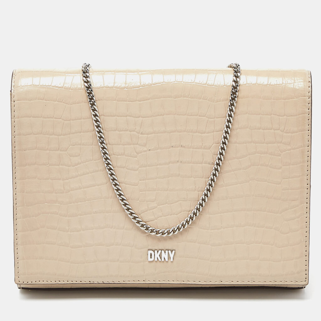 luxury-women-dkny-used-handbags-p940676-012 DKNY Beige Croc Embossed Leather Logo Flap Chain Shoulder Bag