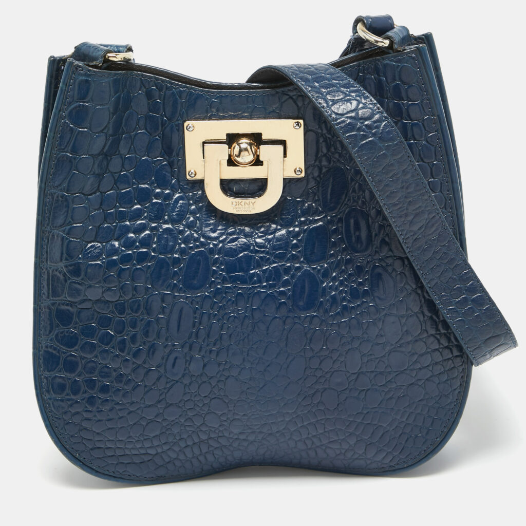 luxury-women-dkny-used-handbags-p954483-002 DKNY Navy Blue Croc Embossed Leather Messenger Bag