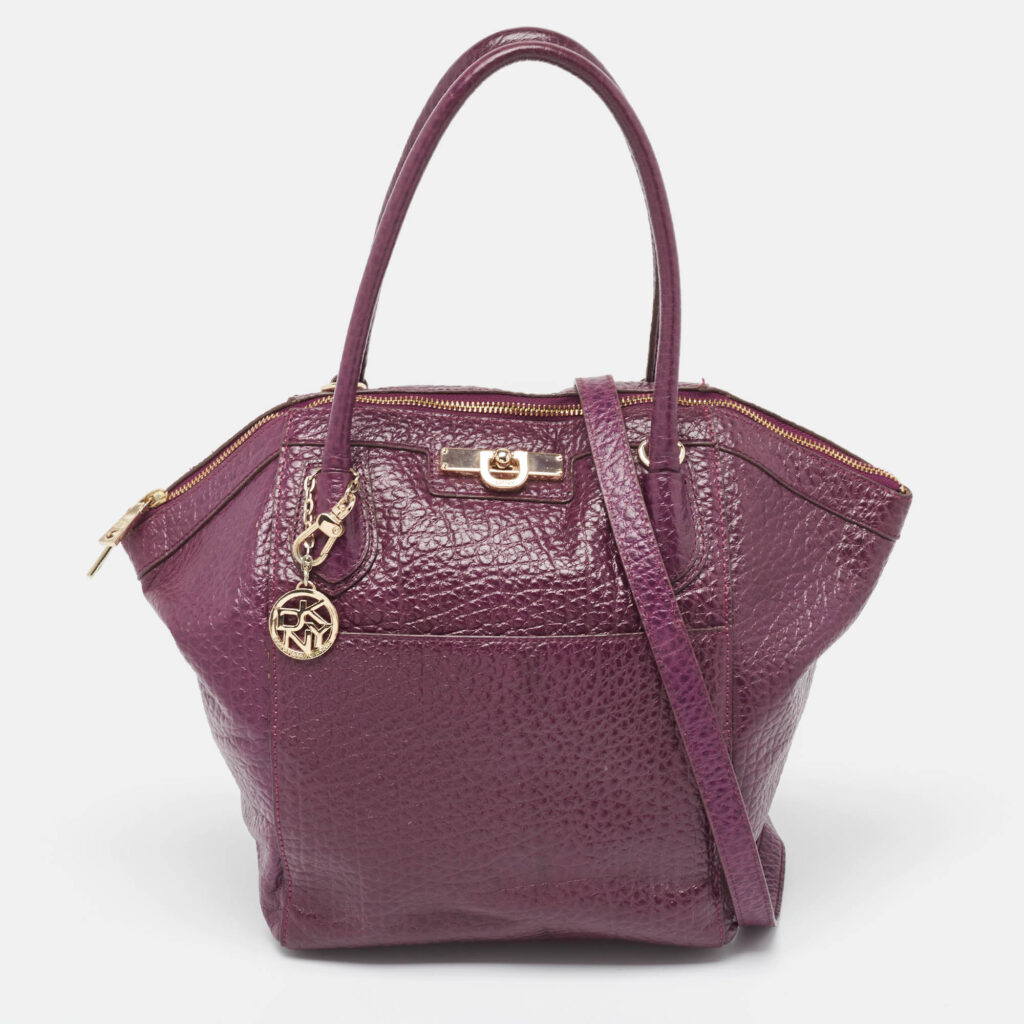 luxury-women-dkny-used-handbags-p954530-016 DKNY Purple Textured Leather Logo Zip Satchel