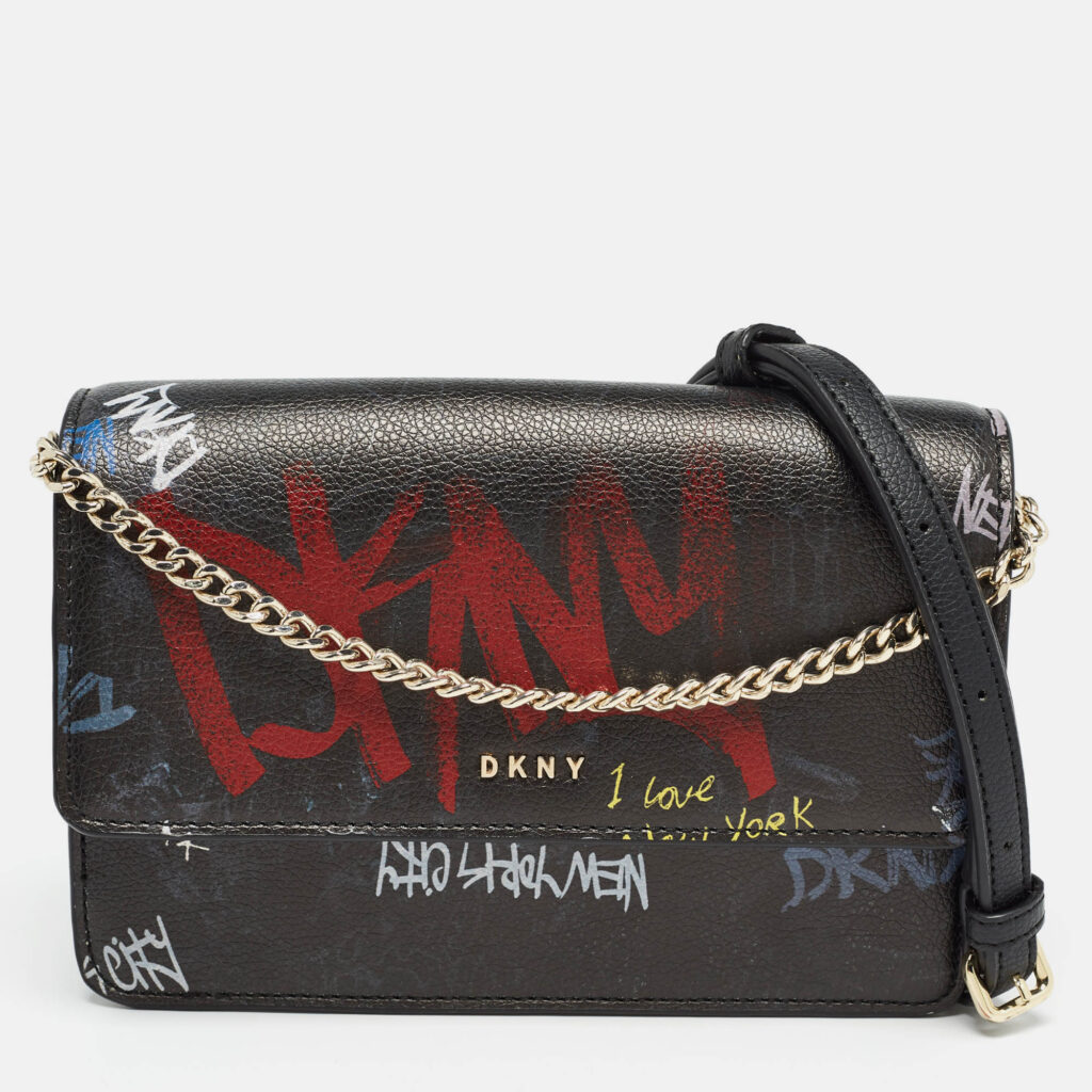 luxury-women-dkny-used-handbags-p962094-012 DKNY Black Leather Graffiti Print Flap Crossbody Bag