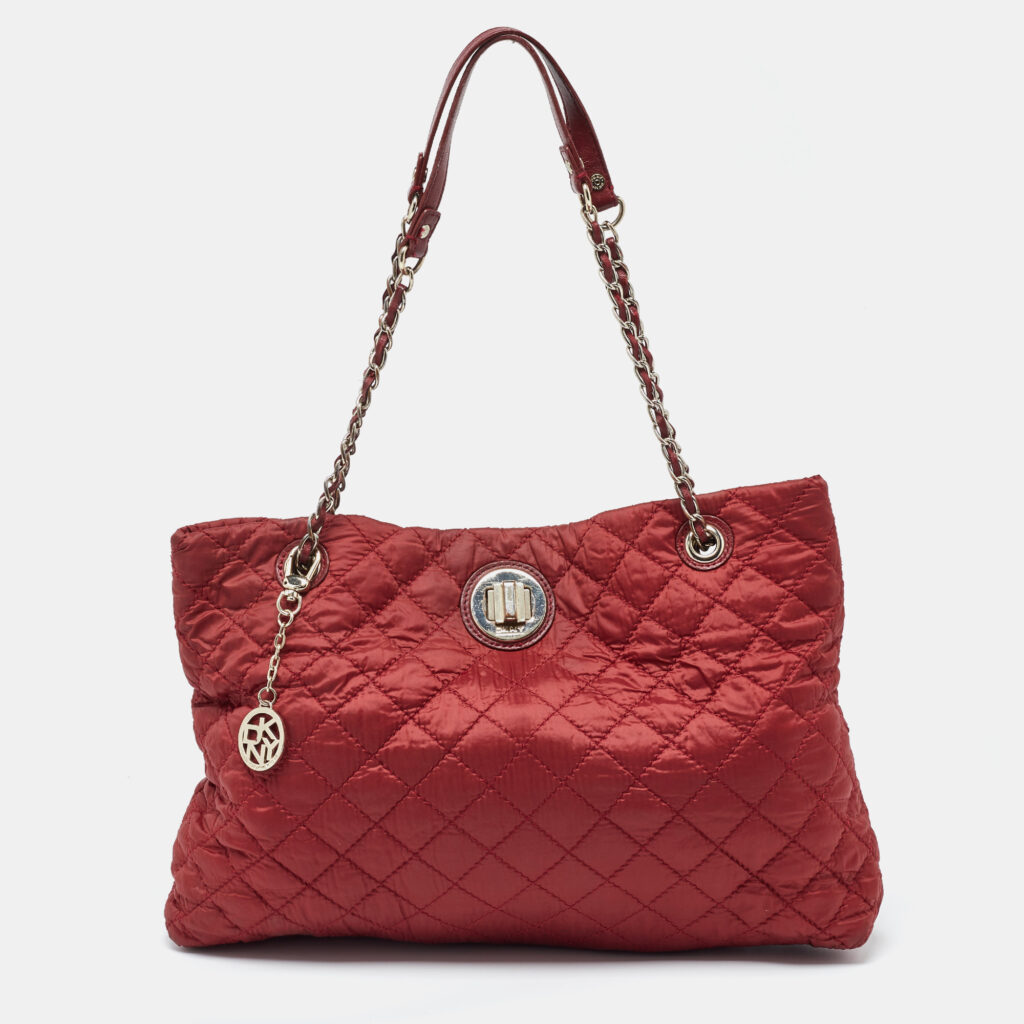 luxury-women-dkny-used-handbags-p981699-018 DKNY Red Quilted Nylon and Leather Logo Chain Tote