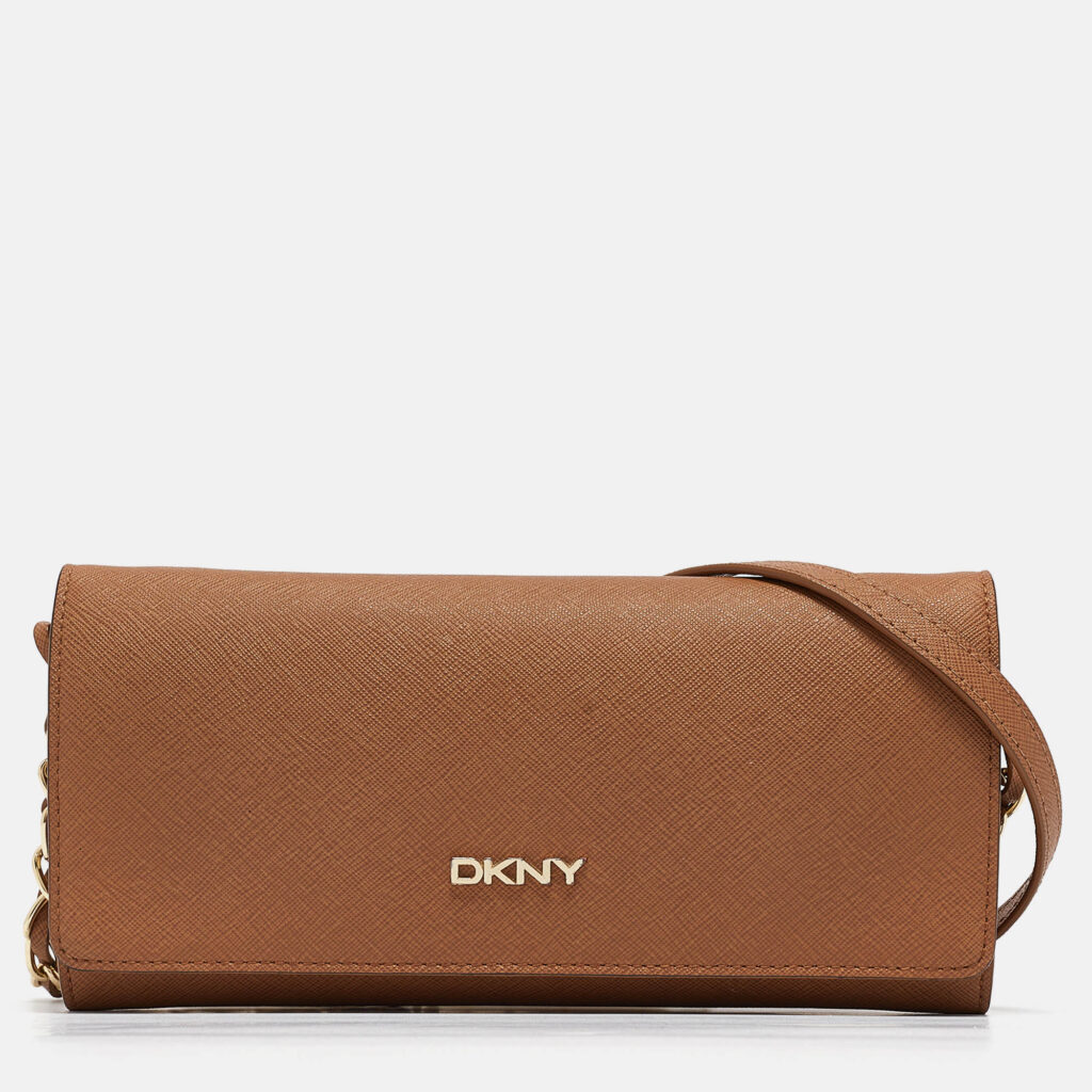 luxury-women-dkny-used-handbags-p984266-008 DKNY Brown Saffiano Leather Flap Wallet on Chain