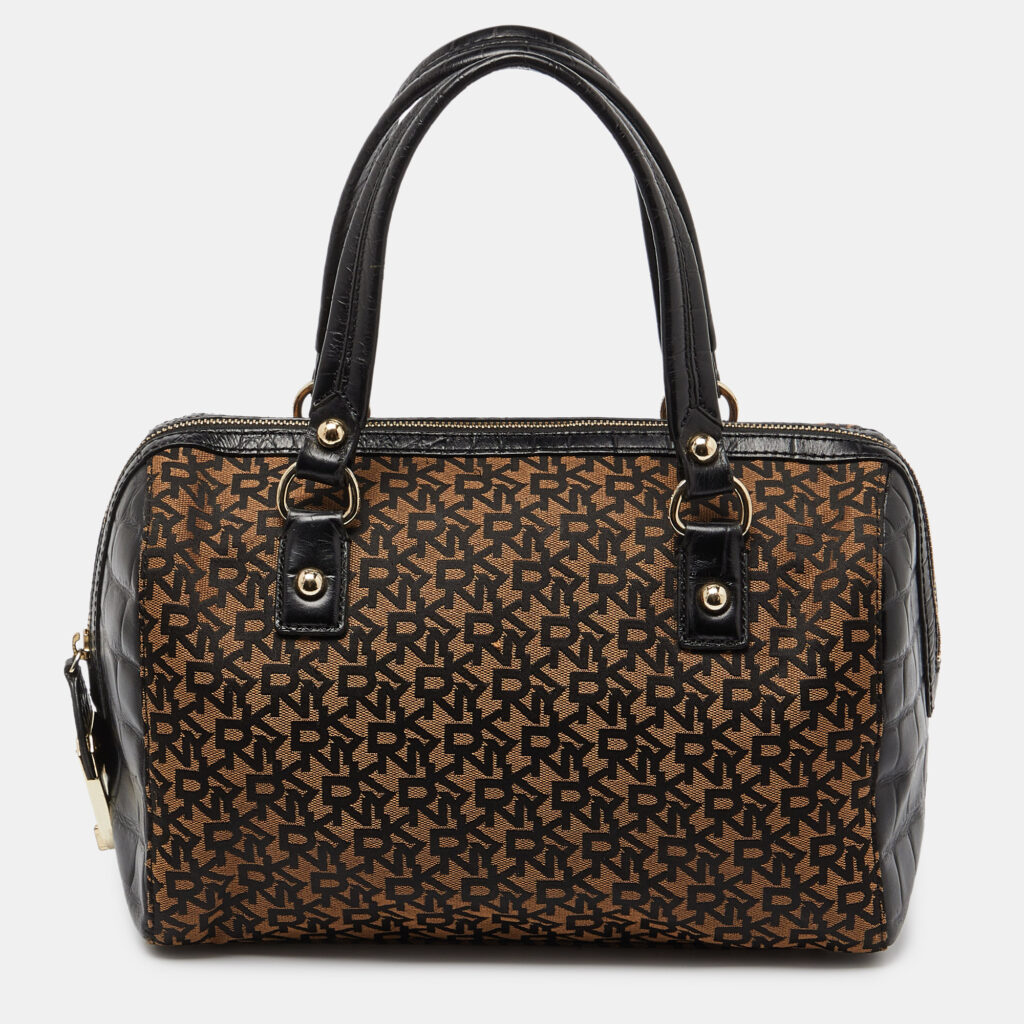 luxury-women-dkny-used-handbags-p995441-001 DKNY Brown/Black Signature Canvas and Croc Embossed Leather Satchel