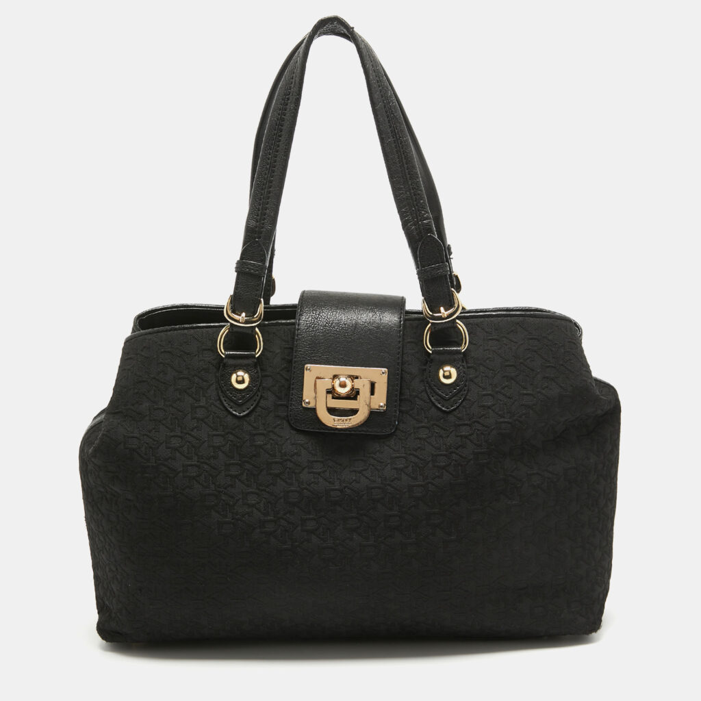 luxury-women-dkny-used-handbags-p995884-006 Dkny Black Monogram Canvas and Leather Flap Tote