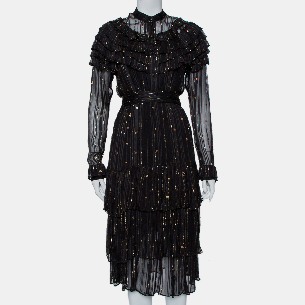 luxury-women-dodo-bar-or-new-clothes-p437604-011 Dodo Bar Or Black Lurex Chiffon Ruffle Detail Tiered Belted Midi Dress M