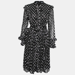 Dodo Baror Black & Silver Polka Dotted Chiffon Ruffle Trimmed Belted Dress M