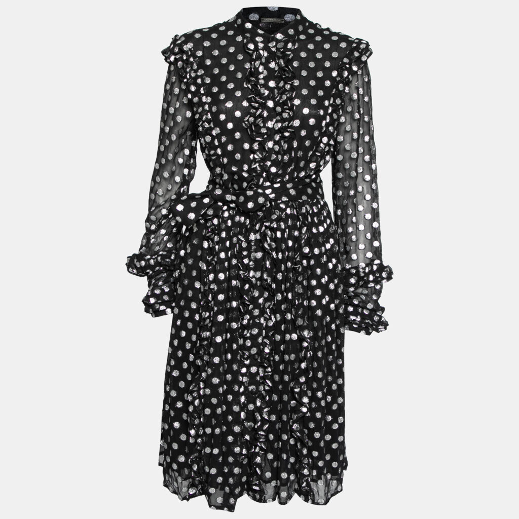 luxury-women-dodo-baror-used-clothes-p627559-001-2 Dodo Baror Black & Silver Polka Dotted Chiffon Ruffle Trimmed Belted Dress M