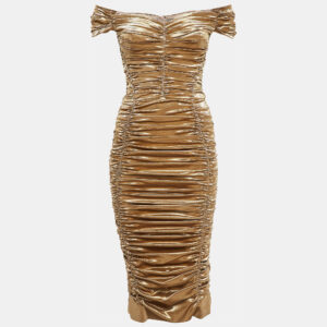 Dolce & Gabbana Metallic Gold Lame Ruche Off-Shoulder Dress M