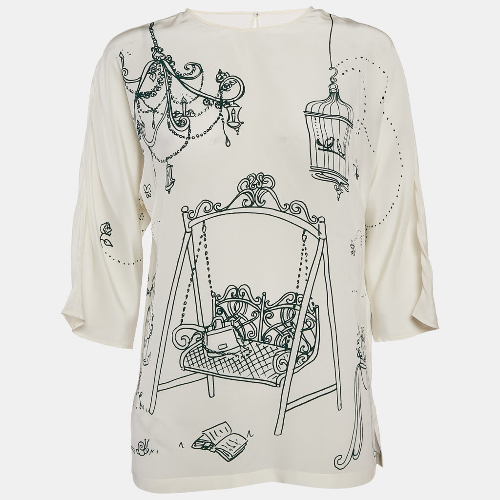 luxury-women-dolcegabbana-new-clothes-p1117464-006 Dolce & Gabbana Off White Bird Cage Print Silk Blouse S