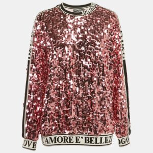 Dolce & Gabbana Pink Sequin Tulle Logo Detail Pullover S