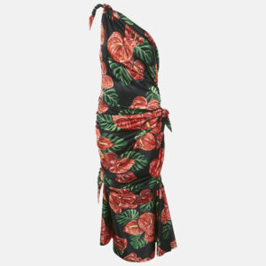 Dolce & Gabbana Black Printed Satin Silk One-Shoulder Tie-Up Detail Midi Dress L