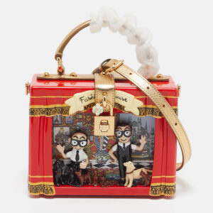 Dolce & Gabbana Red/Gold Acrylic and Leather Fashion House Dolce Box Top Handle Bag