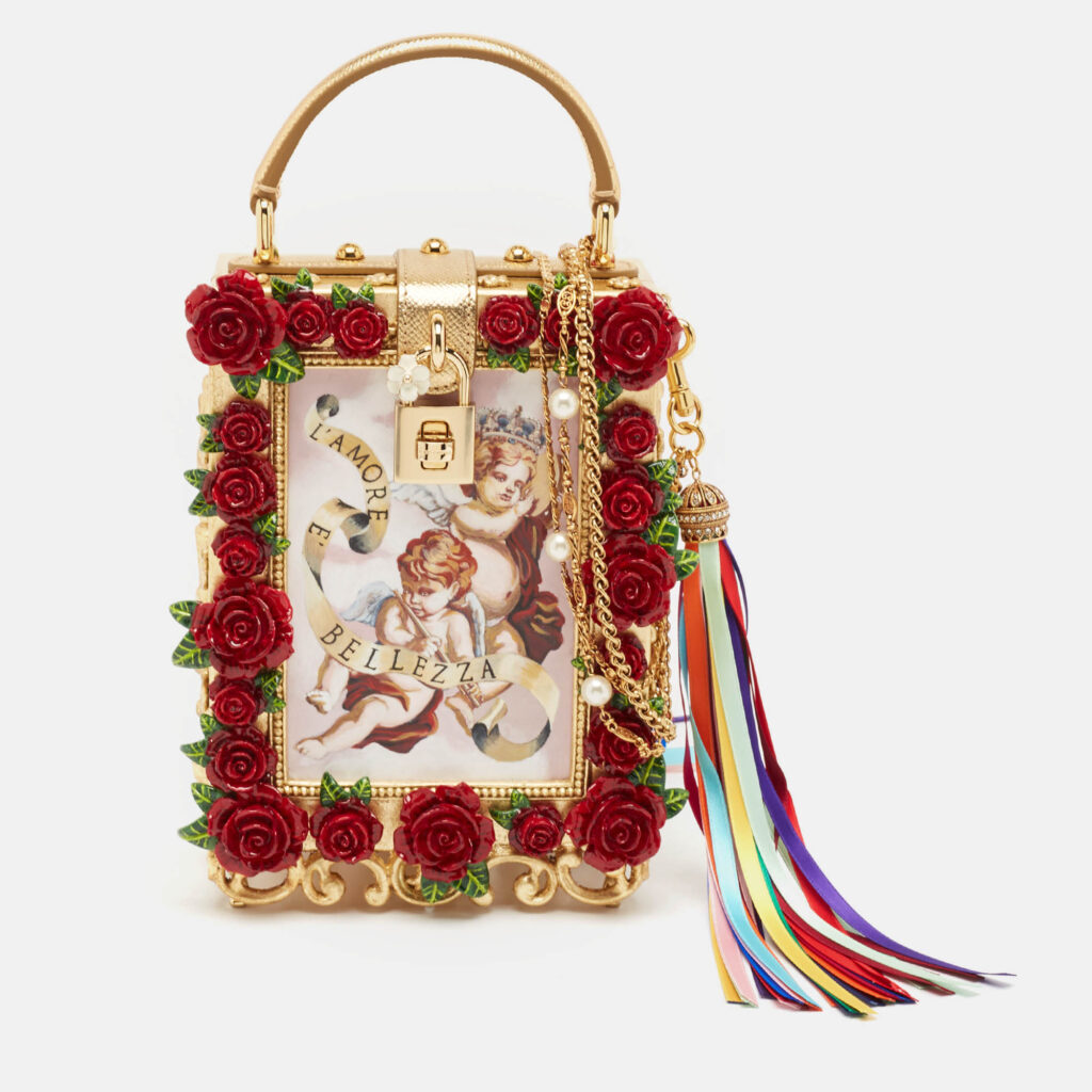 luxury-women-dolcegabbana-new-handbags-p1097036-012 Dolce & Gabbana Gold/Red Rose Wood L'amore e' Bellezza Dolce Box Top Handle Bag