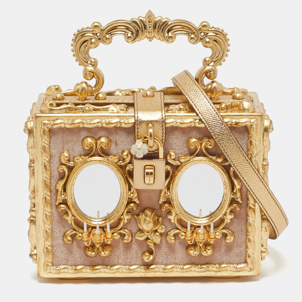 Dolce & Gabbana Gold/Beige Wood and Velvet Mirror Box Regine Top Handle Bag
