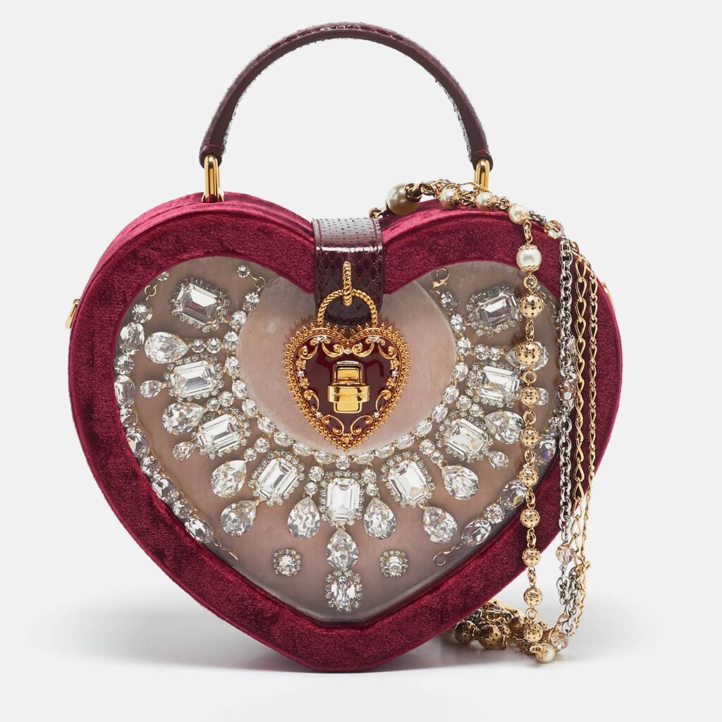 luxury-women-dolcegabbana-new-handbags-p1097325-012 Dolce & Gabbana Burgundy Velvet & Snakeskin Crystal My Heart Box Top Handle Bag