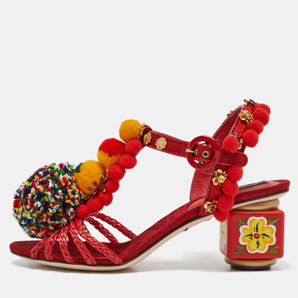 luxury-women-dolcegabbana-new-shoes-p1097990-001 Dolce & Gabbana Red Fabric and Raffia Pom Pom Embellished T-Strap Sandals Size 35