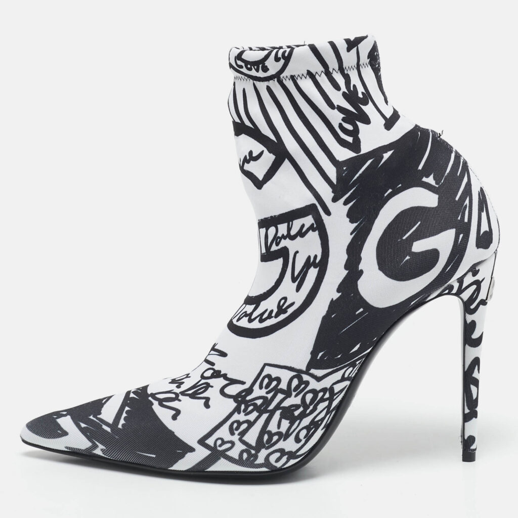 Dolce & Gabbana Black/White Knit Fabric Graffiti Sock Boots Size 36