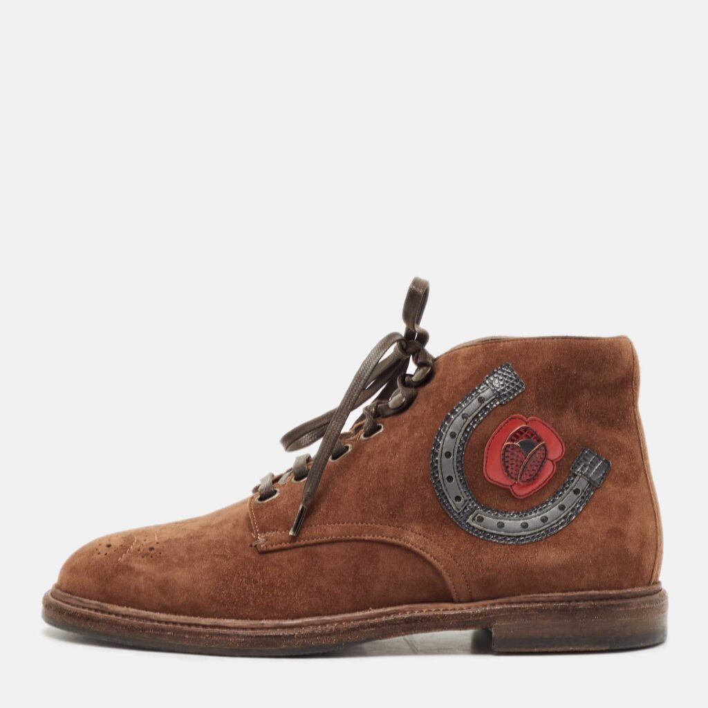 Dolce & Gabbana Brown Suede Embroidered Patch Ankle Boots Size 39