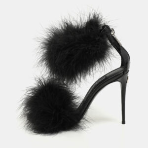 Dolce & Gabbana Black Patent Leather and Turkey Feather Ankle Strap Sandals Size 36