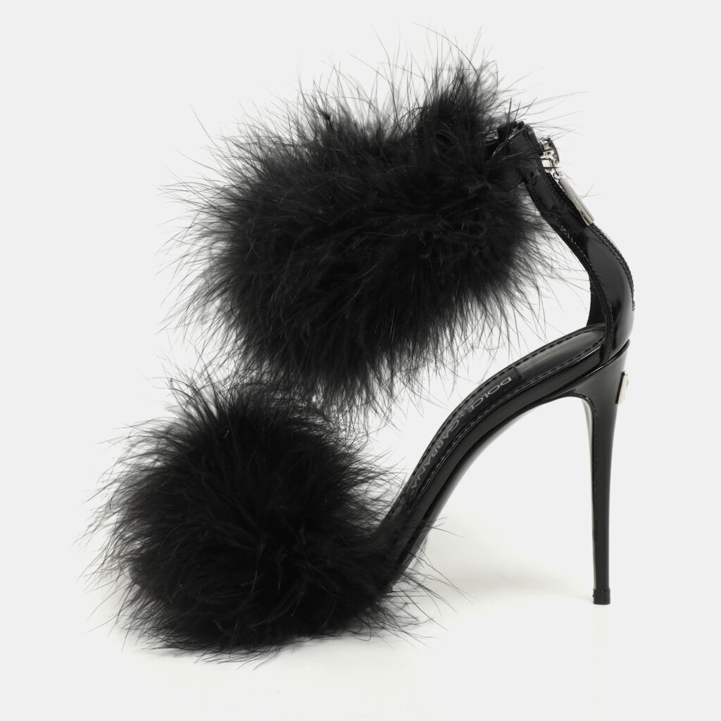 Dolce & Gabbana Black Patent Leather and Turkey Feather Ankle Strap Sandals Size 36