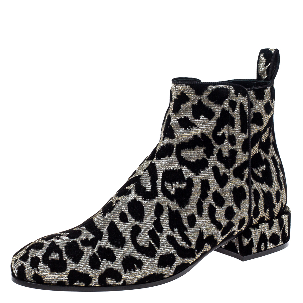 Dolce & Gabbana Black/Silver Animal Print Lurex and Velvet Ankle Boots Size 36