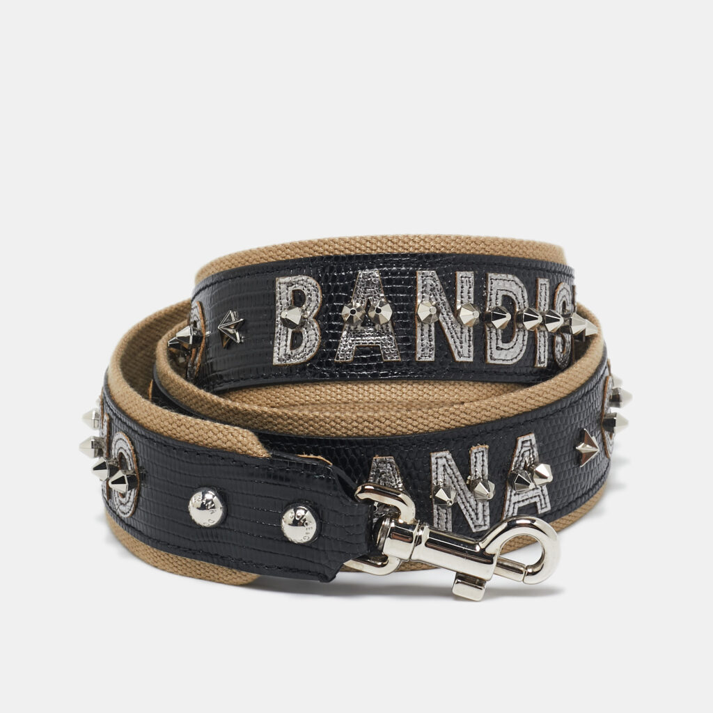 luxury-women-dolcegabbana-used-accessories-p1112422-001 Dolce & Gabbana Black/Khaki Leather and Fabric Citta Di Palermo Studded Shoulder Bag Strap