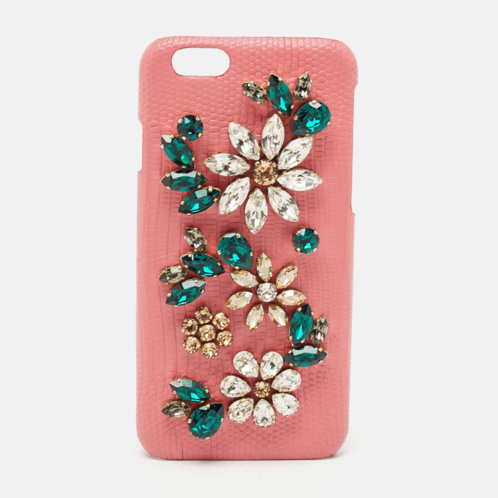 luxury-women-dolcegabbana-used-accessories-p1128323-006 Dolce & Gabbana Pink Lizard Embossed Leather Crystals Embellished iPhone 6 Case