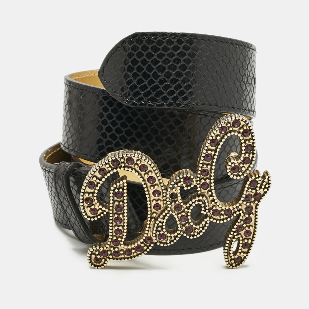 luxury-women-dolcegabbana-used-accessories-p1159228-005 D&G Black Snake Embossed Leather DG Crystals Embellished Belt 105