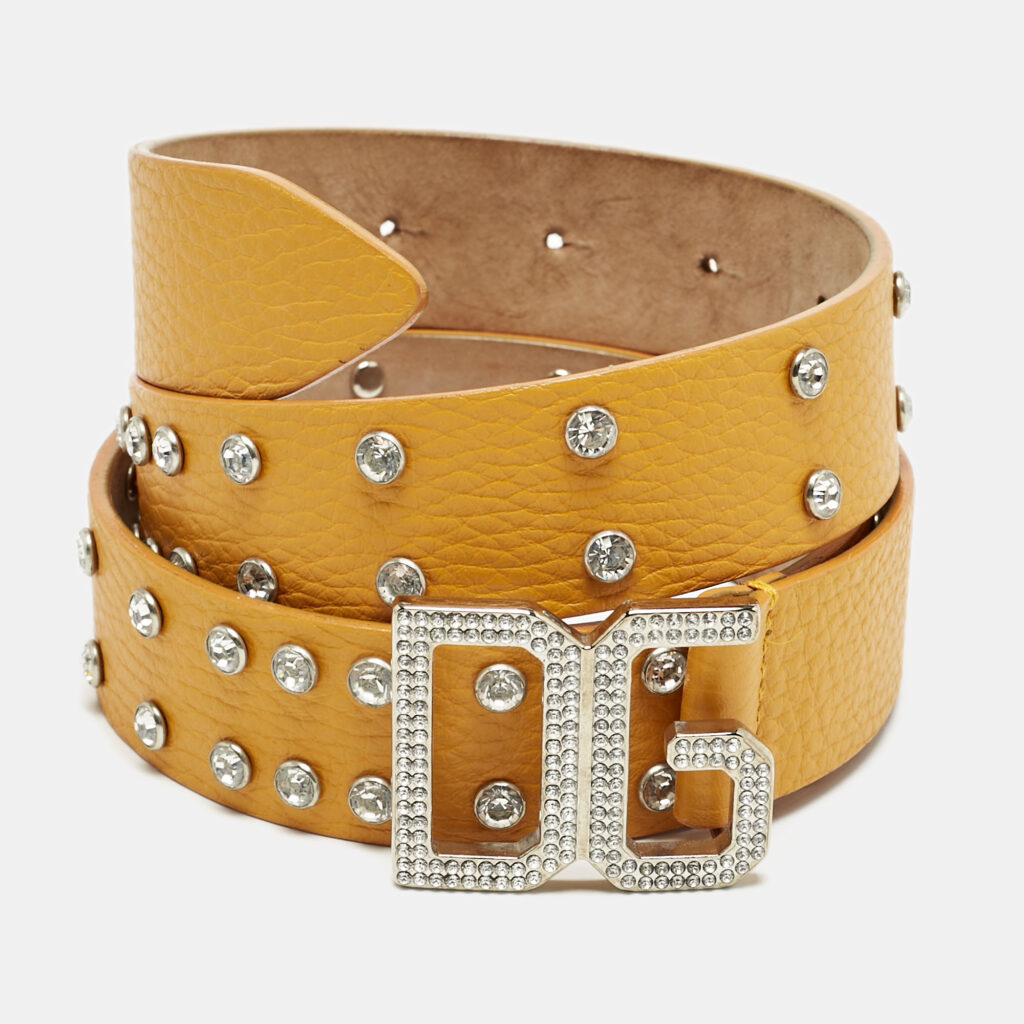 luxury-women-dolcegabbana-used-accessories-p1159243-004 Dolce & Gabbana Orange Leather Crystals Embellished Logo Buckle Belt 80CM