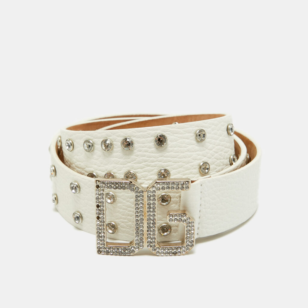 luxury-women-dolcegabbana-used-accessories-p1159734-001 Dolce & Gabbana White Leather Crystals Embellished Logo Buckle Belt 85CM