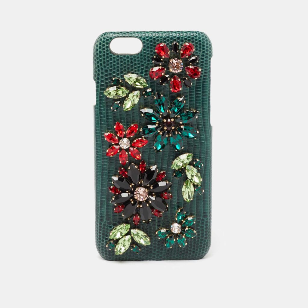 luxury-women-dolcegabbana-used-accessories-p654761-002-1 Dolce & Gabbana Green Lizard Embossed Leather Crystal Embellished iPhone 6 Case
