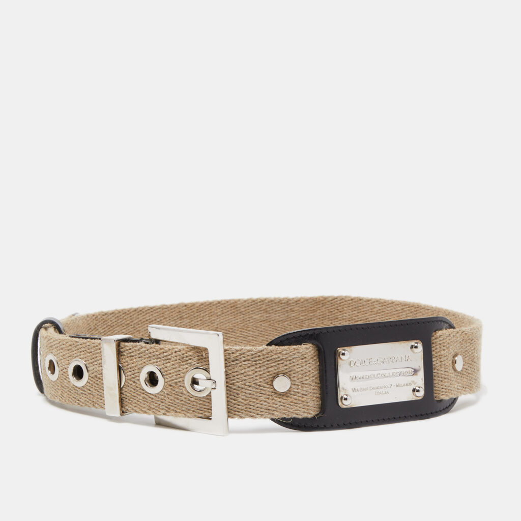 luxury-women-dolcegabbana-used-accessories-p791760-001 Dolce & Gabbana Beige Canvas and Leather Plaque Detail Waist Belt 80CM