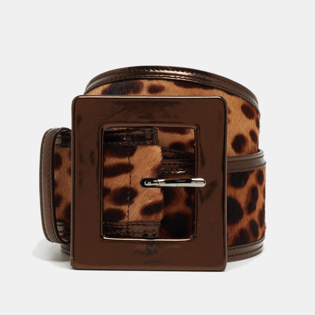 luxury-women-dolcegabbana-used-accessories-p891683-003 Dolce & Gabbana Bronze/Beige Leopard Print Calf Hair and Patent Leather Wide Buckle Belt 80CM