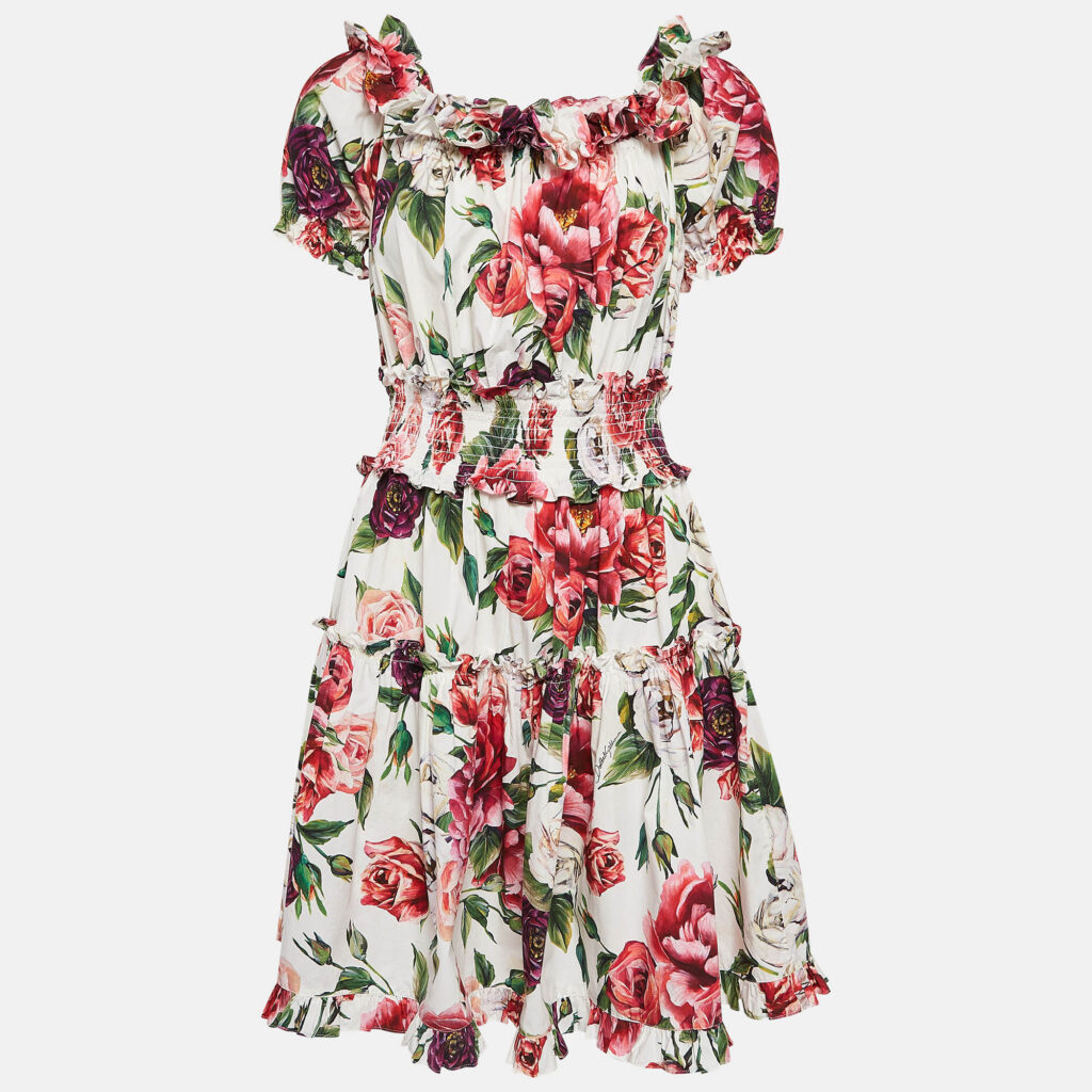 luxury-women-dolcegabbana-used-clothes-p1034545-001 Dolce & Gabbana White Floral Print Cotton Ruffled Dress L