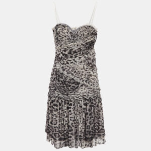 Dolce & Gabbana Grey Leopard Print Silk Ruched Midi Dress M