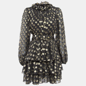 Dolce & Gabbana Black Polka Dot Silk Brocade Tie-Up Waist Mini Dress M
