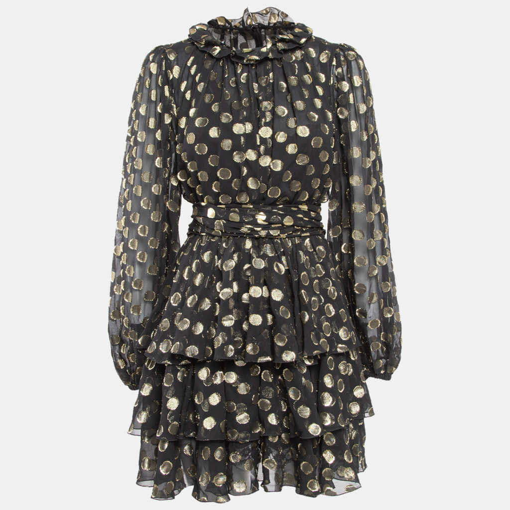 luxury-women-dolcegabbana-used-clothes-p1042847-001 Dolce & Gabbana Black Polka Dot Silk Brocade Tie-Up Waist Mini Dress M