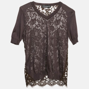 Dolce & Gabbana Brown Jersey and Lace V-Neck Top S