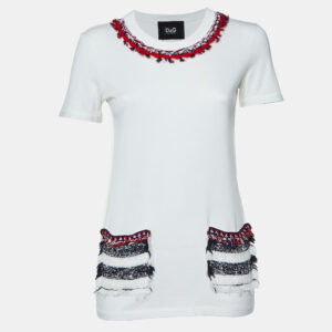 Dolce & Gabbana White Cotton Tweed Trimmed T-Shirt S