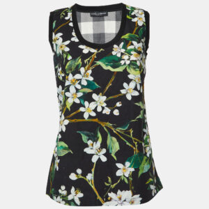 Dolce & Gabbana Black Floral and Checked Print Cotton Sleeveless Top S