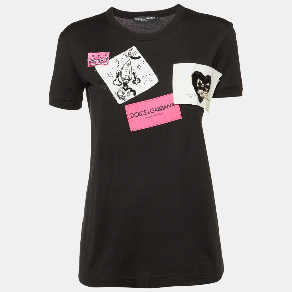 luxury-women-dolcegabbana-used-clothes-p1092076-002 Dolce & Gabbana Black Cotton Patch Detail Crew Neck T-Shirt XS