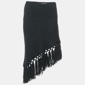 Dolce & Gabbana Black Patterned Wool Fringe Detail Asymmetric Skirt S