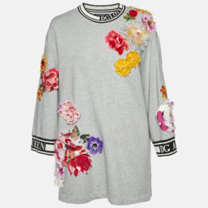 Dolce & Gabbana Grey Cotton Floral Appliqued Crew Neck Sweatshirt M