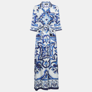 Dolce & Gabbana White/Blue Majolica Print Silk Shirt Dress XS