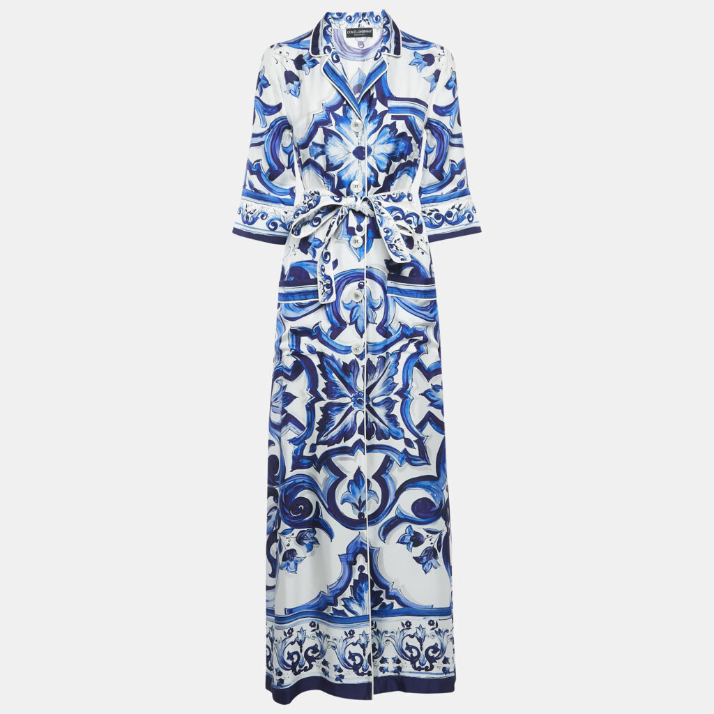 luxury-women-dolcegabbana-used-clothes-p1115303-005 Dolce & Gabbana White/Blue Majolica Print Silk Shirt Dress XS