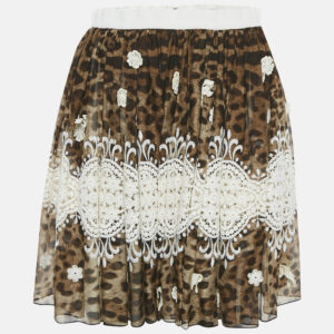 Dolce & Gabbana Brown Leopard Print Lace Trim Silk Mini Skirt S