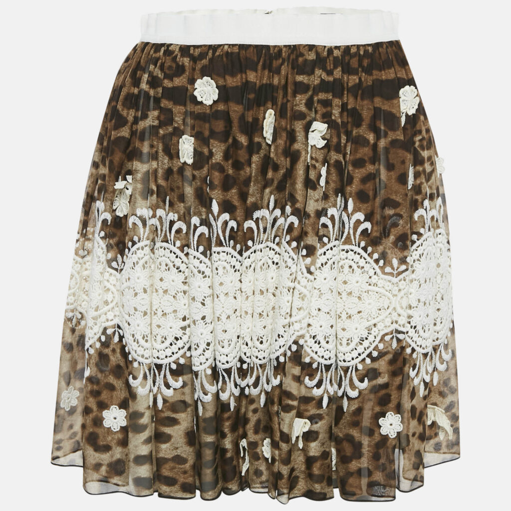 luxury-women-dolcegabbana-used-clothes-p1115651-001 Dolce & Gabbana Brown Leopard Print Lace Trim Silk Mini Skirt S