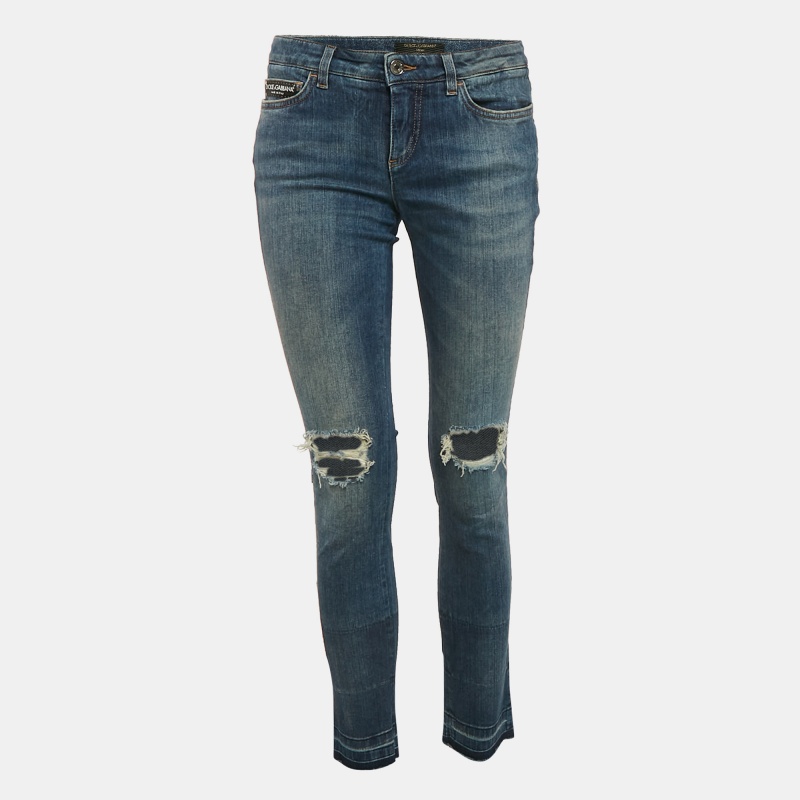 luxury-women-dolcegabbana-used-clothes-p1122155-1742451280-001 Dolce & Gabbana Blue Logo Applique Denim Ripped Jeans S Waist 29"