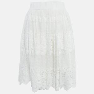 Dolce & Gabbana White Cotton Lace Gathered Knee Length Skirt S